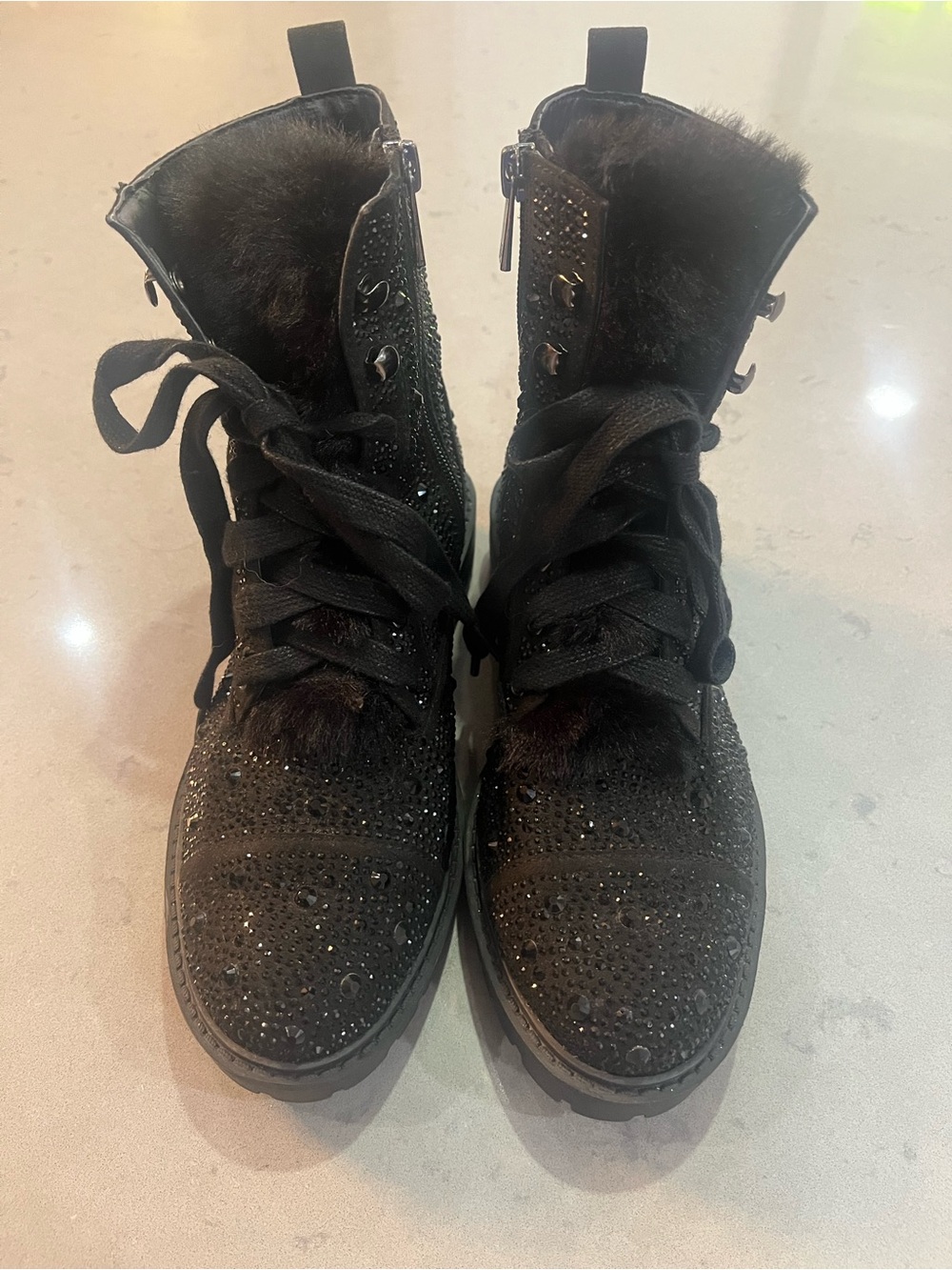 Jessica Simpson Black Crystal-Embellished Fur Lace-Up Boots